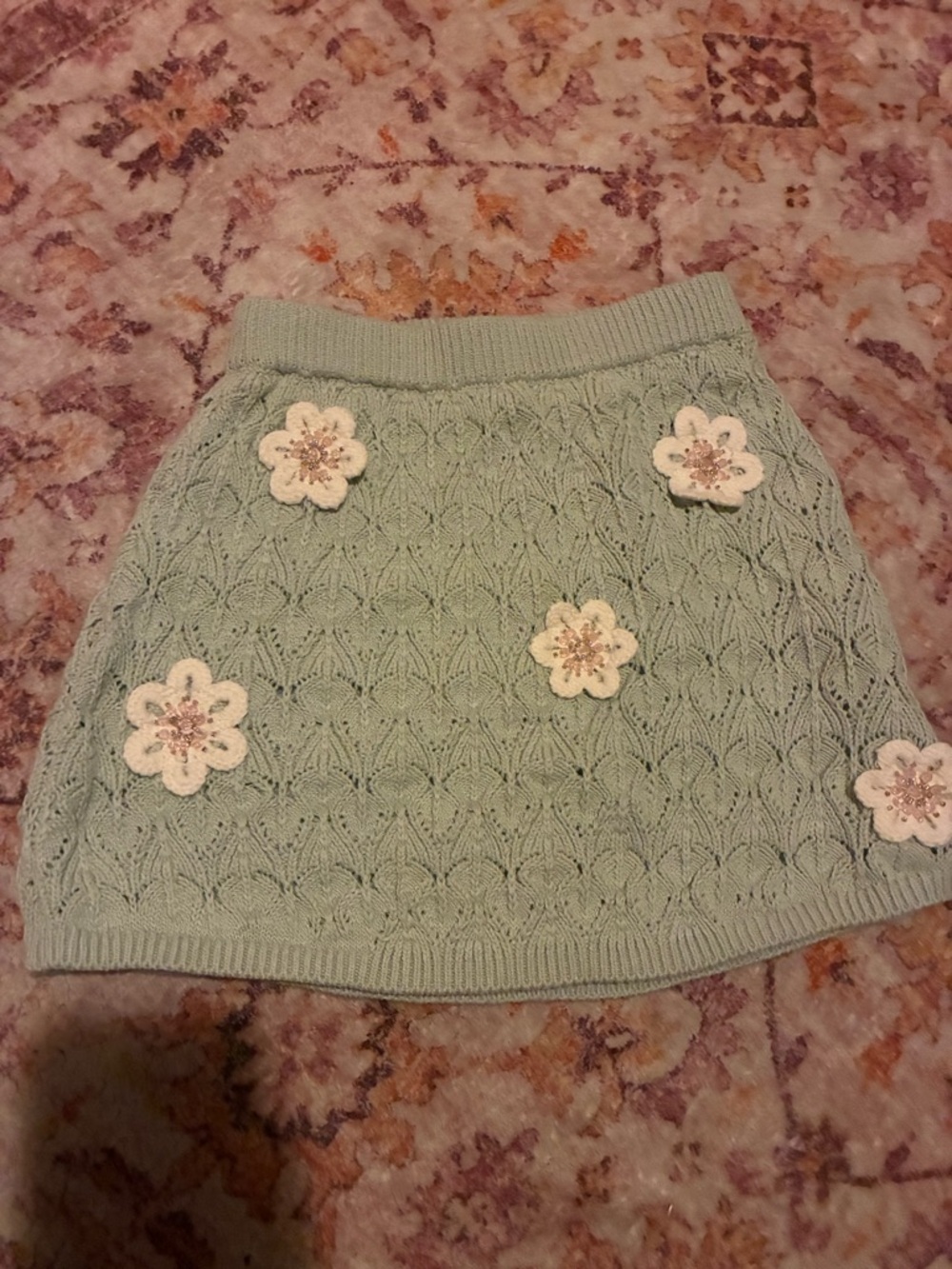 Zara Mint Green Knit Girls Skirt with White Floral Appliqués
